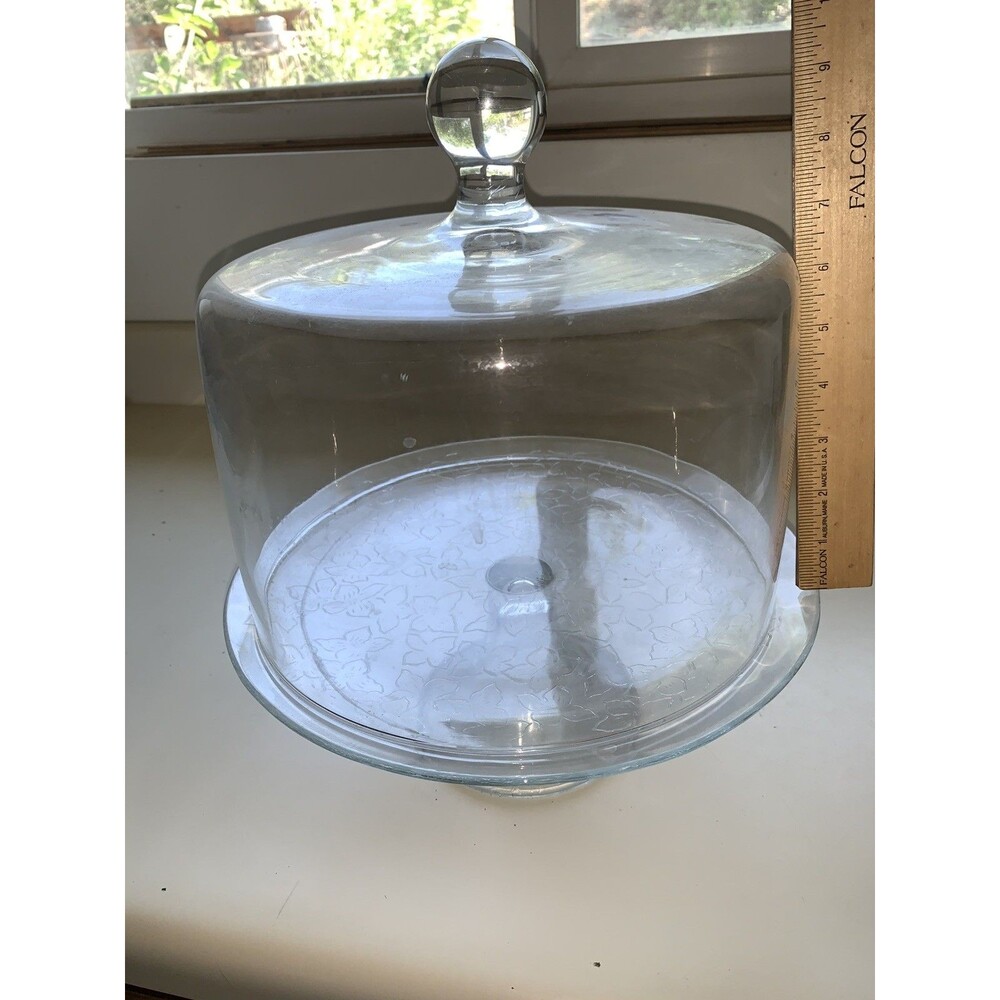 Glass Princess 8” Rise Dome (10.5D) 12”(d) Footed Floral Cake Plate 4” Rise EUC